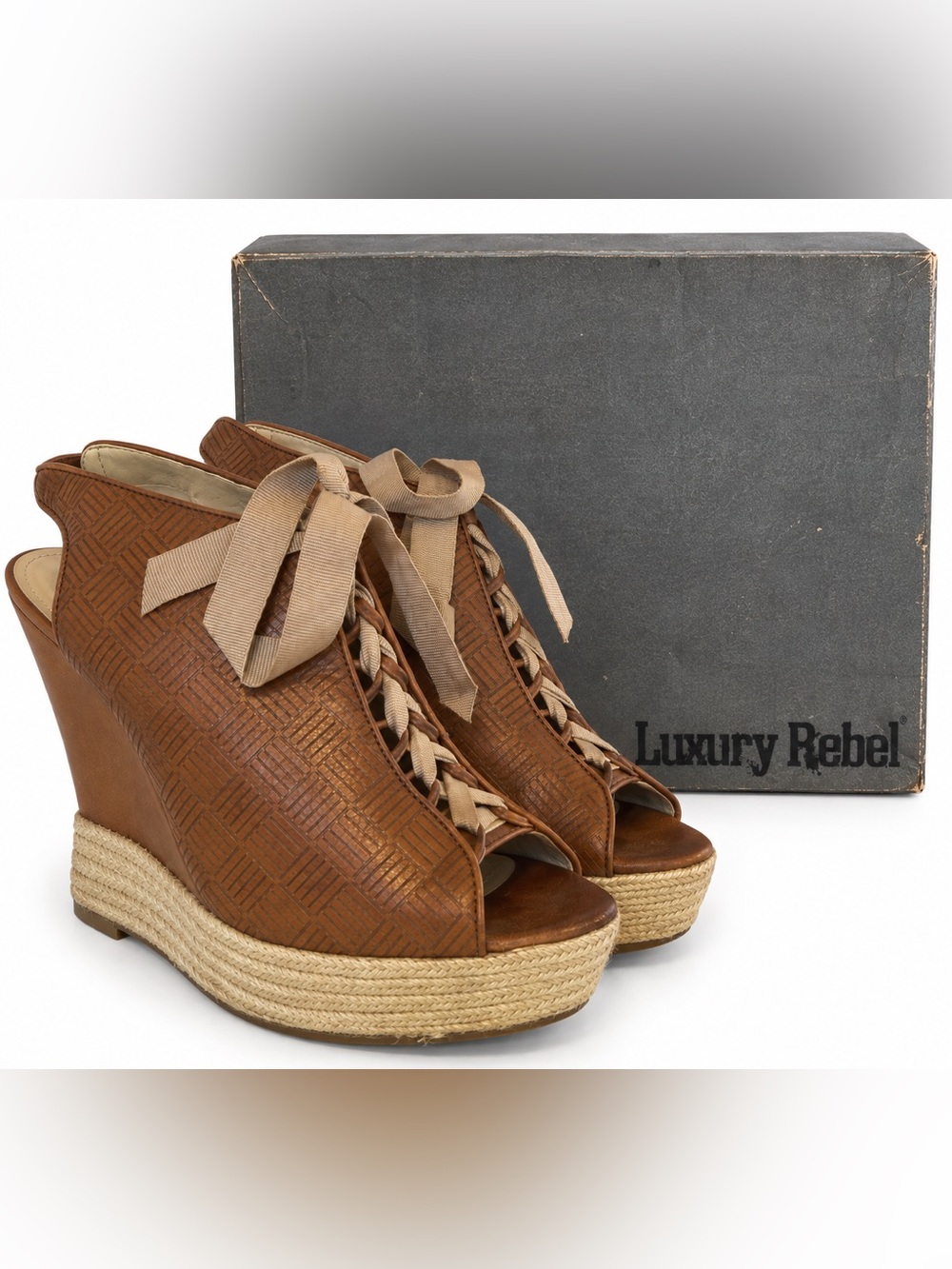 Luxury Rebel Tan Leather Espadrille Wedges 38.5 EUC